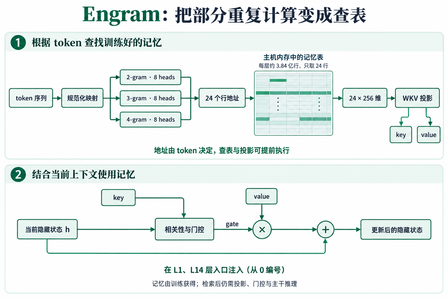 Engram n-gram 哈希记忆层：由 token 确定地址，读取主机内存中的记忆，经 WKV 投影和上下文门控更新隐藏状态